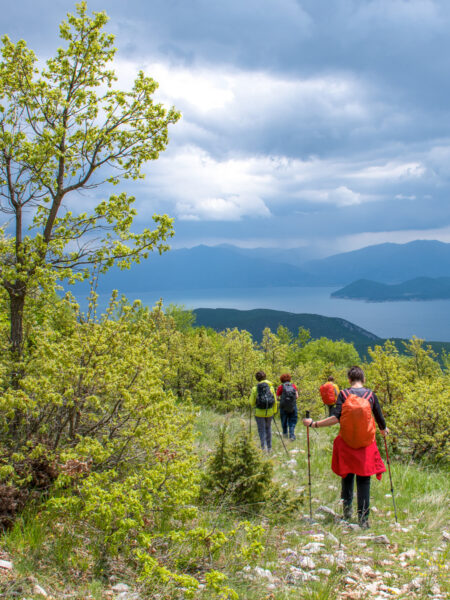 Drei Personen auf Wanderreise gehen über eine Alm im Süden von Albanien, eine von ihnen trägt einen großen Rucksack von Weltweitwandern. Im Hintergrund ist ein Teil des albanischen Berglands zu sehen.