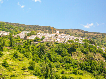 Das spanische Bergdorf Capileira in der Sierra Nevada ist in der Ferne zu sehen. Dazwischen liegen einige Bäume in der gebirgigen Region im Süden Spaniens.