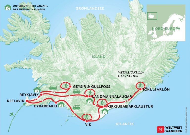 Wanderkarte Island: schwarze Strände, bunte Berge - Wandern in der Natur von Island