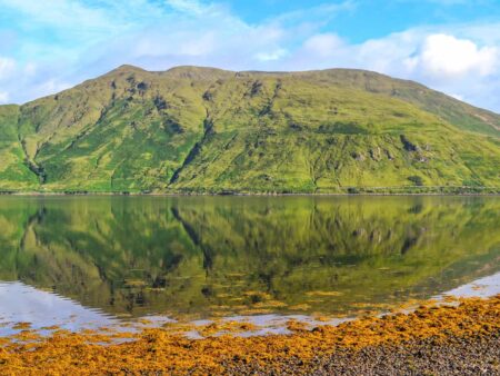 Ein Ausblick von einem Wanderweg aus über einen See in Irland mit einem Berg im Hintergrund.