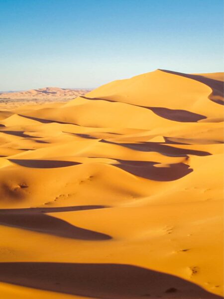 Auf dem Bild sieht man ein klassisches Landschaftsfoto der Sahara in Marokko. Mehrere Sanddünen werfen harte Schatten und schaffen so ein Spiel als Farbe und Kontrast.