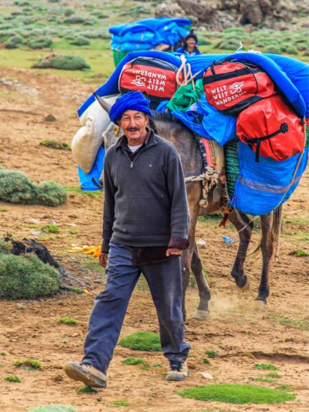 Ein Guide von Weltweitwandern in Marokko geht mit einem Packesel durch die Region des Hohen Atlas. Der Packesel trägt die Ausstattung der Reisenden.