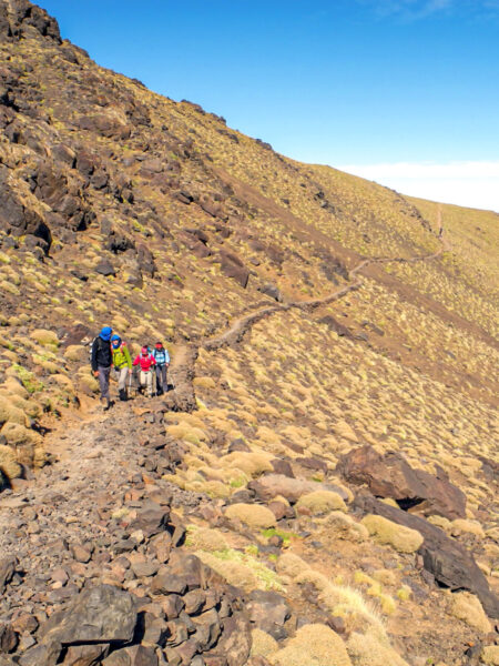 Eine kleine Gruppe Wanderreisender folgt ihrem Guide einen Gebirgspass durch den Hohen Atlas in Marokko entlang. Sie kommen auf die Kamera zu,