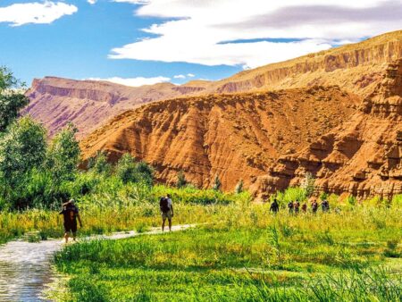 Zwei Wandernde stehen bis zu den Waden in einem Bach in Marokko, umgeben von grünem Gras. Ihre kleine Reisegruppe geht auf ein Bergmassiv im Hintergrund zu.