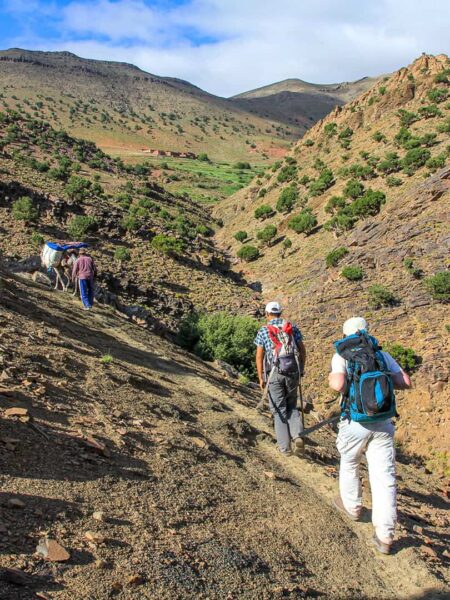 Mehrere Wanderer auf der Reise erklimmen einen Hügel in der bergigen Landschaft des Hohen Atlas in Marokko. Sie tragen Wanderausrüstung und vorne trägt ein Esel das Equipment zum Campen.
