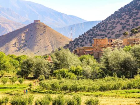 Man sieht saftig grüne Wiesen und Büsche in der Landschaft von Marokko, sowie die Ausläufer eines kleinen Dorfs.
