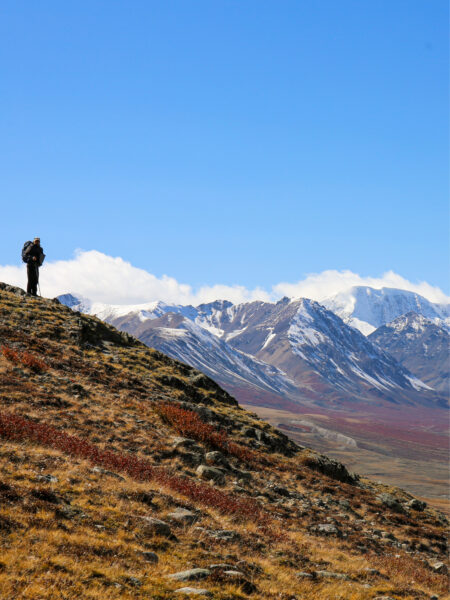 Eine Person auf Wanderreise genießt die Aussicht über eine Gebirgslandschaft im Westen der Mongolei.