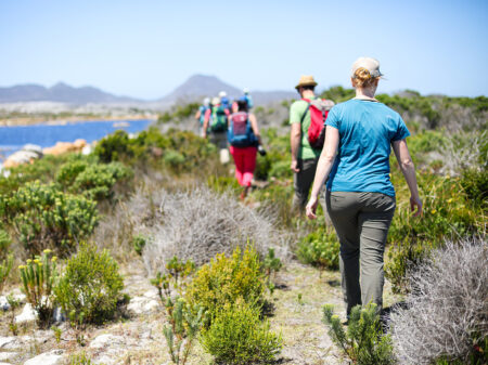 Wandergruppe auf Küstenpfad mit Blick auf das Meer am Kap der Guten Hoffnung in Südafrika.
