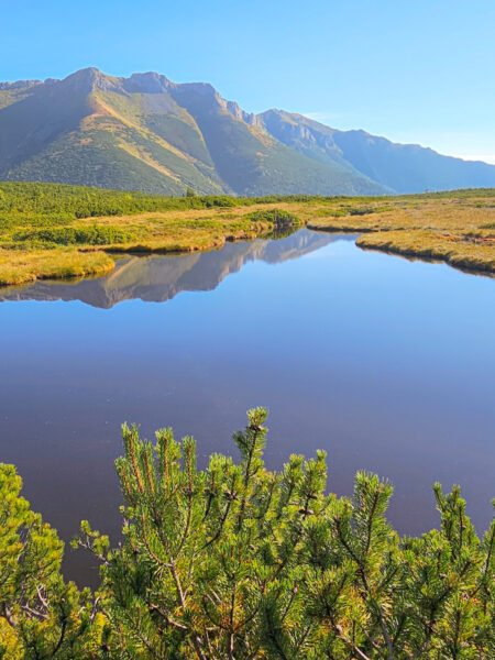 Im Fokus des Bildes liegt der Strbské Pleso, auch bekannt als dreieckiger See. Er ist umgeben von niedrigem Gras, im Hintergrund erkennt man die Gipfel der Tatra in der Slowakei.