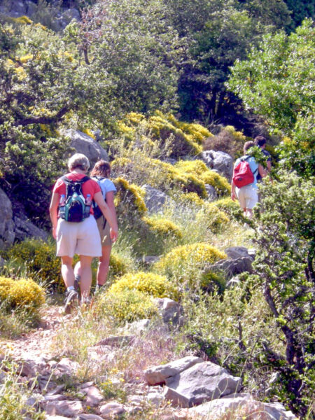 Ein kleine geführte Gruppe auf einer Wanderreise geht einen felsigen Pfad in der Türkei hinauf.