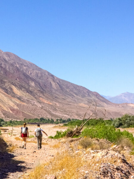 Zwei Personen auf Wanderreise gehen durch eine Wüste in Südamerika. Ihre Reise führt sie über die Anden von Argentinien über Bolivien bis nach Peru.