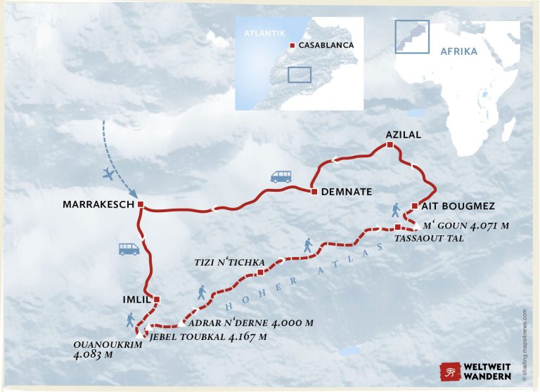 Wanderkarte Die große Atlastraversierung - Trekking Atlasgebirge