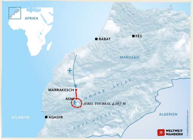 Wanderkarte Bergsommer auf dem Jbel Toubkal - Wandern Jbel toubkal