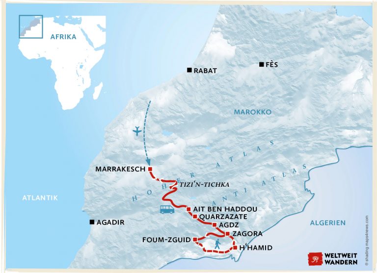 Wanderkarte Marokko - Zauber der Wüste - Wandern Wüstenlandschaft Marokko