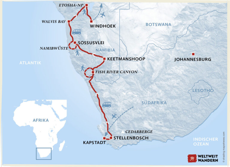 Wanderkarte Von Kapstadt nach Windhoek - Wandern in der Natur von Südafrika und Namibia