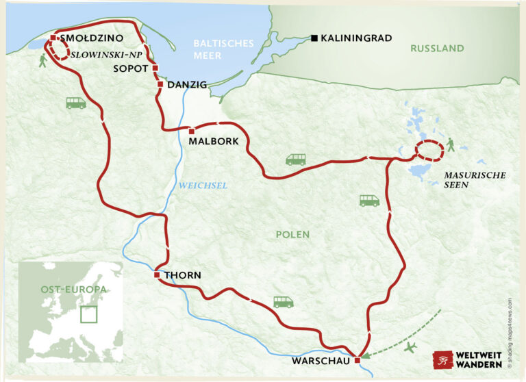 Wanderkarte Masurische See und die Dünen der Ostsee - Wandern Ostsee