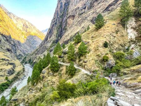 Mehere Reisende wandern auf einem Wanderpfad in den unteren Höhen der Manaslu-Region. Er zu Teilen mit Steinplatten befestigt und führt zwischen niedrigen Bäumen hindurch durch eine Schlucht, in der auch ein Bach oder schmaler Fluss fließt.