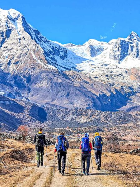 Vier Wanderer auf ihrer Reise mit Weltweitwandern, gehen auf einem Weg in der Manaslu-Region. Im Hintergrund erheben sich die Berge Nepals.