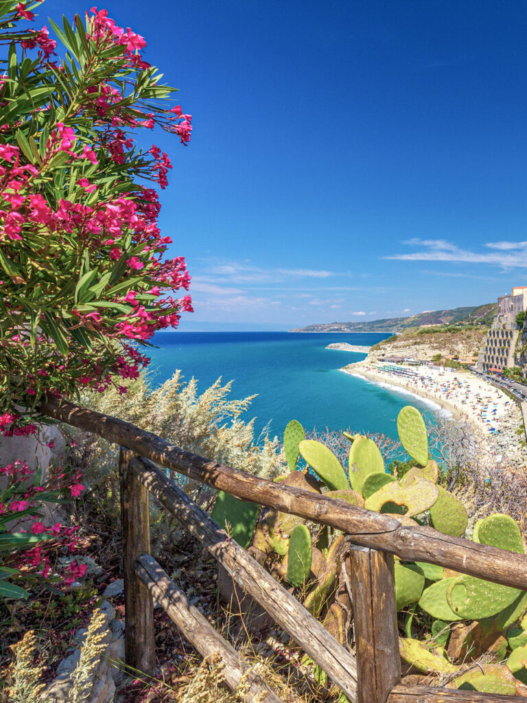 Man sieht den Strand von Tropea von einem Wanderweg nahe der Ortschaft in Kalabrien. Im Vordergrund sieht man außerdem einen Rhododendron-Busch sowie einen Holzzaun, die die Anhöhe am Wanderweg absichert.
