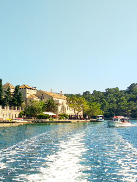 Man sieht Teile des Nationalparks Mljet. Das Foto wurde von einem Katamaran aus gemacht, der die Wanderreisenden zur Insel bringt.