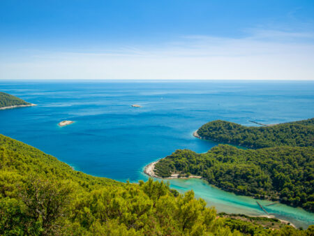 Eine Aussicht auf den Nationalpark Mljet. Ein Fluss oder eine schmale Bucht mündet hier gerade in die Adria, dichte Wälder bedecken das Festland und laden ein, sie beim Wandern zu erkunden.