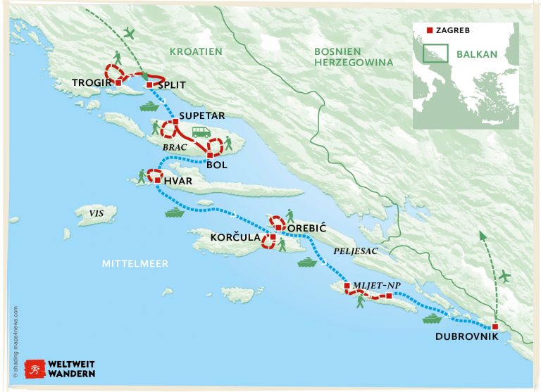 Wanderkarte Inselhüpfen in Dalmatien - Wandern Dalmatien