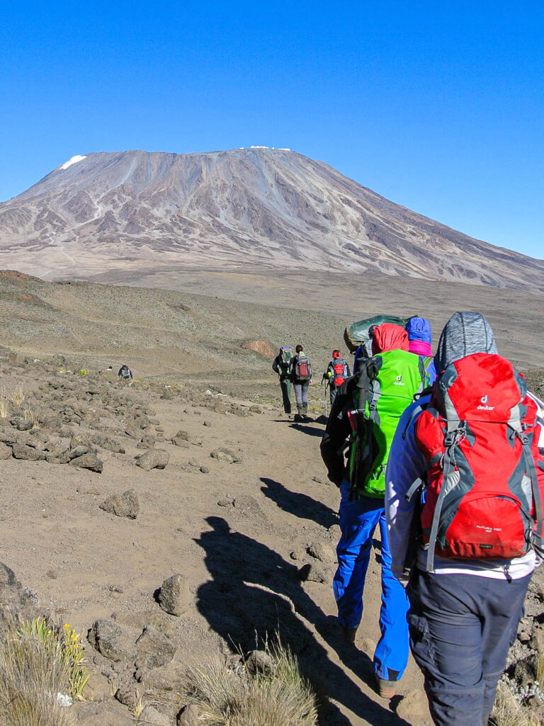 Eine Gruppe ausgerüstet mit Rucksäcken und Kleidung zum Bergsteigen wandert auf den Kilimandscharo zu.