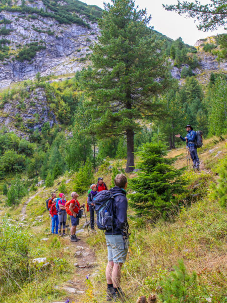 Eine von Weltweitwandern erklärt seiner kleinen Reisegruppe etwas über die Region im Balkan, in der sie sich befinden. Die Gruppe schaut zu dem Local Guide auf, der etwas höher am Hang im Bergland steht.