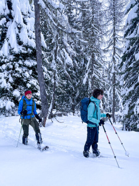 Zwei Personen in Winterkleidung gehen mit ihren Schneeschuhen durch einen winterlichen Wald in Kärnten.