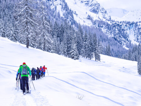 Mehrere Personen auf Wanderreise gehen mit ihren Schneeschuhen durch die winterliche Landschaft des Lesachtals.
