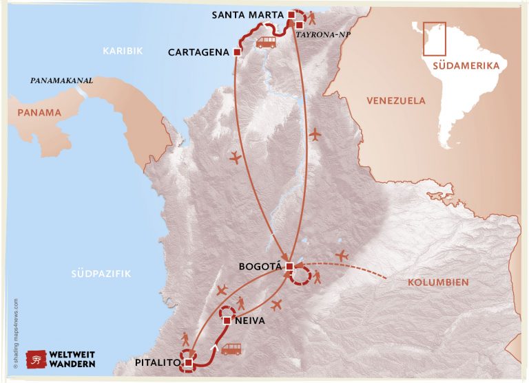 Wanderkarte Höhepunkte Kolumbiens- Wanderreise Landschaft Kolumbiens