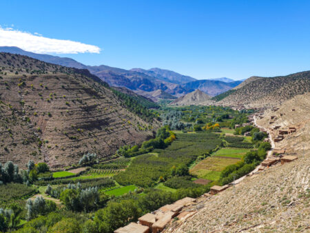 Ein Panoramafoto des Aït Bougoumez. Hier zieht sich ein sichtbarer grüner Streifen zwischen kargen Berghängen auf der Nordseite des Hohen Atlas hindurch.