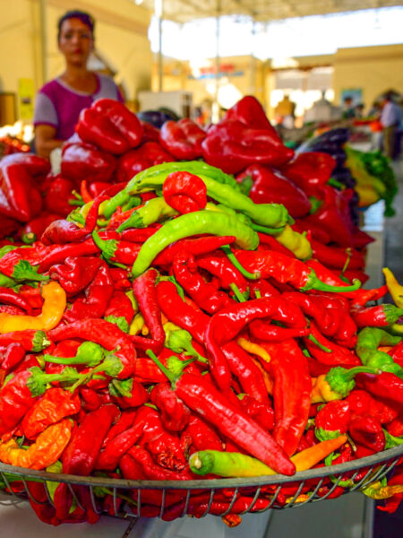 Im Vordergrund des Bildes sieht man eine Schüssel voller roter und grüner Chilis. Im Hintergrund kann man einen Basaar in Usbekistan erkennen, wie auch eine Einheimische, die in Richtung der Kamera schaut.