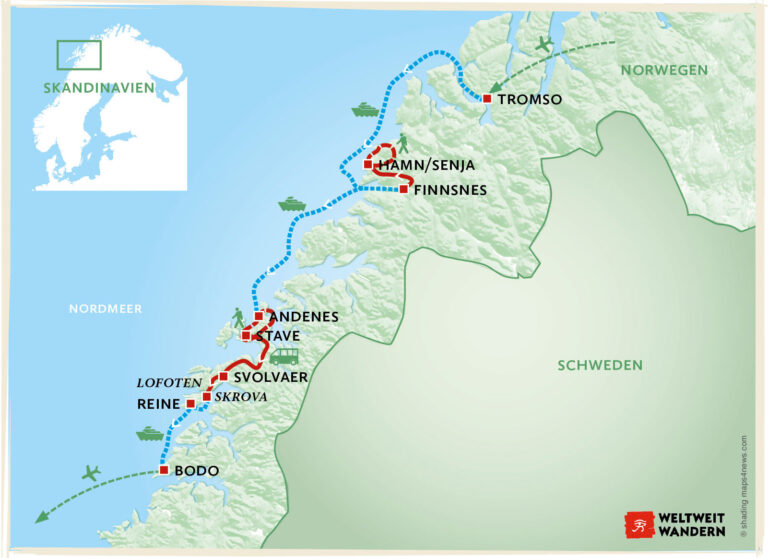 Wanderkarte von Tromso nach Bodo - Wandern Küste Norwegen