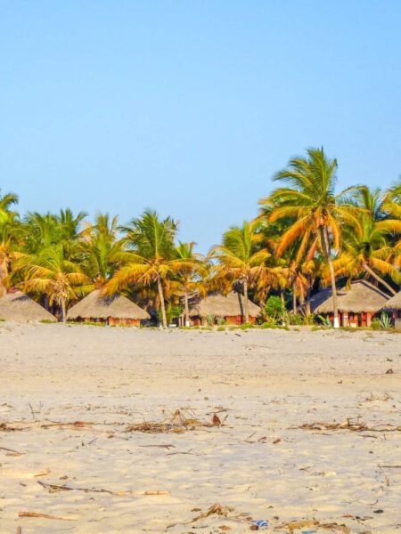 Das Bild zeigt einen Strand in Madagaskar, der von hohen Palmen und mit Stroh gedeckten Hütten begrenzt wird.