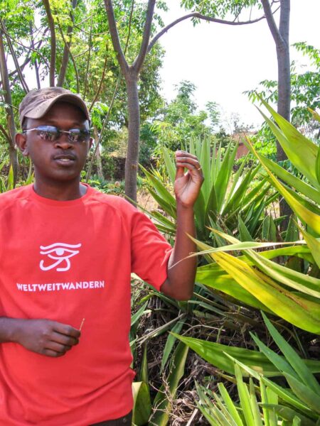 Ein lokaler Guide von Weltweitwandern, der seinen Reisegästen etwas über die Flora und Fauna der Insel erklärt.