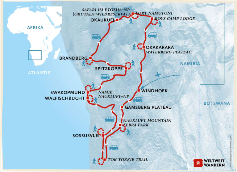 Wanderkarte Rote Dünen & Kultur - Wandern Nationalparks Namibia