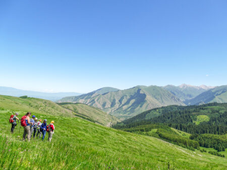 Eine kleine Gruppe steht auf einer Anhöhe und genießt den Ausblick auf ihrer Wanderreise durch Kirgistan. Unter ihnen breitet sich das grüne Tal aus.