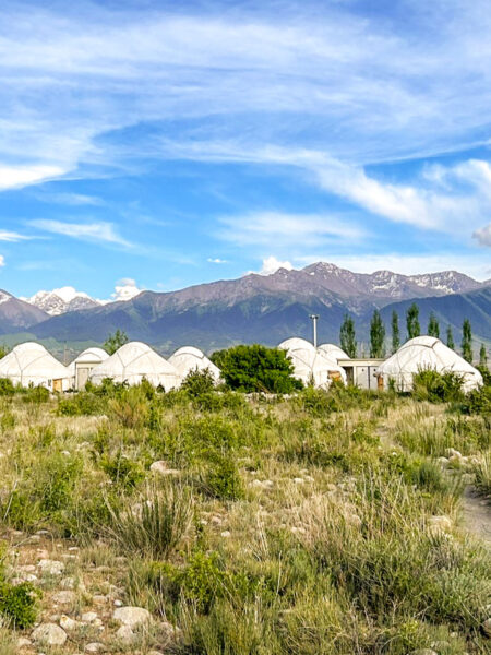 Man sieht mehrere Jurten, die als kleine Zeltstadt in der Nähe des Yssyköl-Sees in Kirgistan errichtet wurden. Sie dienen einer Gruppe auf Wanderreise als Schlafstätte für eine Nacht.