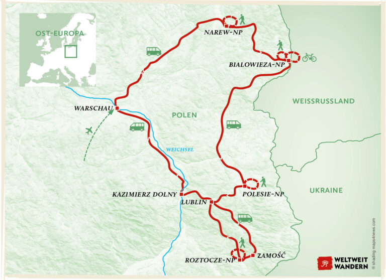 Wanderkarte Polens Osten - Städte, Flüsse & Urwald - Wandern Osten Polen