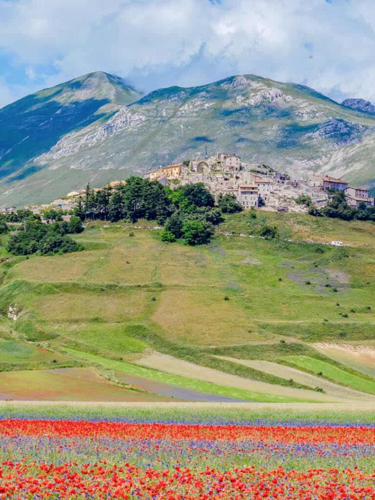 Am Bild sehen wir das Bergdorf Castelluccio di Norcia in der italienischen Region Umbrien. Im Vordergrund sieht man ein weites mit Mohn bewachsenes Feld, während man hinter dem Bergdorf eine Gebirgskette erkennen kann, die zum Wandern einlädt.