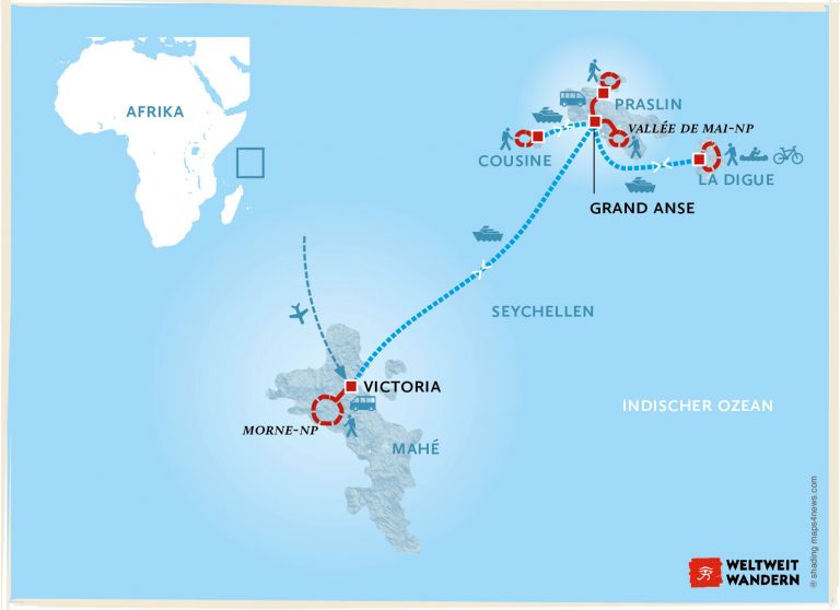 Wanderkarte Inselhopping im tropischen Archipel - Inselhüpfen Seychellen