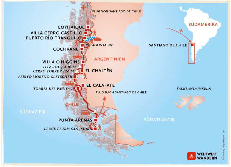 Wanderkarte Patagonien: Anden, Wälder, Eisberge- Wandern Patagonien