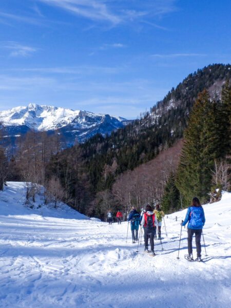 Mehrere Personen mit Schneeschuhen wandern von ihrem Ausflug auf den Kleinen Bosruck hinunter. Im Hintergrund des Bildes kann man das verschneite Warscheneck erkennen.