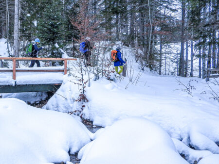 Mehrere Personen auf Wanderreise überqueren mit ihren Schneeschuhen einen Bach in den Kalkalpen.
