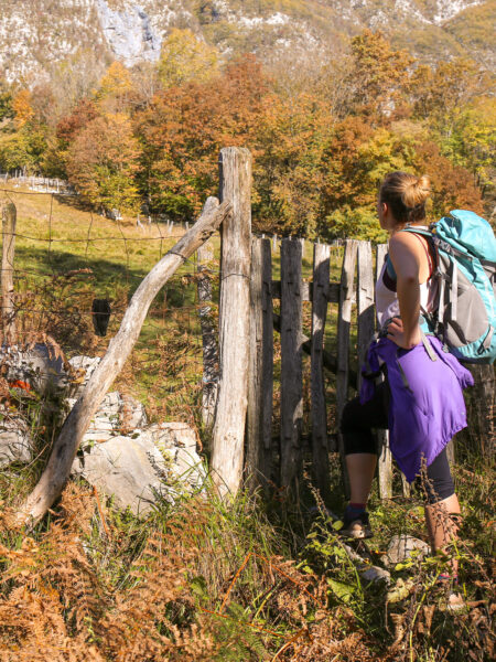 Eine junge Frau auf Wanderreise steht vor einem Zaun entlang eines Wege. Sie steht mit dem Rücken zur Kamera, hinter ihr kann man die Bergkulisse Sloweniens erkennen.