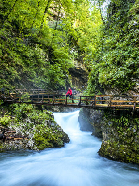 Eine Person auf Wanderreise steht auf einer Brücke der Vintgar-Klamm in Slowenien. Unter der Person fließt das Wasser hindurch und zu beiden Seiten der Klamm ragt dichter Wald auf.