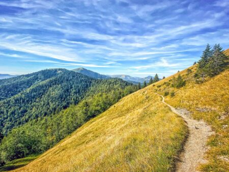 Ein Ausblick von einem Waderweg auf der Großen Fatra in Richtung des Hauptkamms der Großen Fatra, der im Zuge einer Wanderreise mit Weltweitwandern begangen wird.