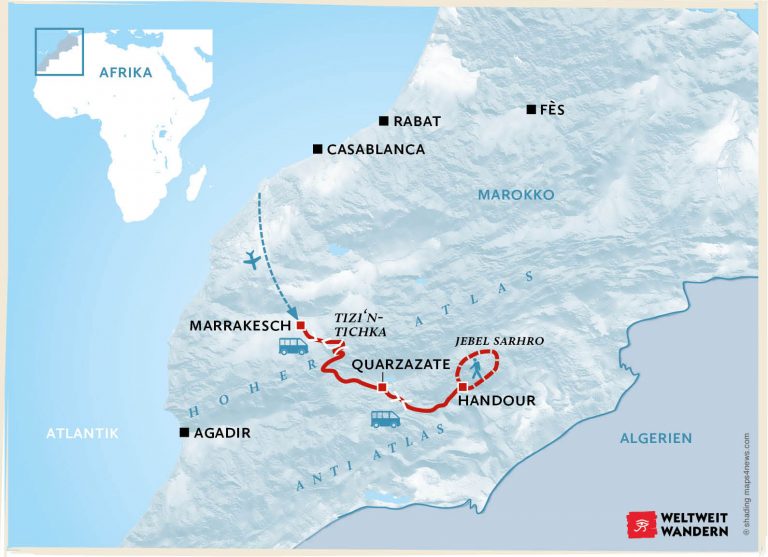 Wanderkarte Mandelblüte im Jebel Sarhro - Frühlingswandern Marokko