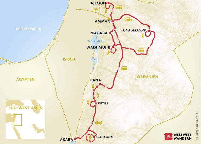 Wanderkarte Jordan-Trail, Petra und Rotes Meer - Wandern Jordan Trail